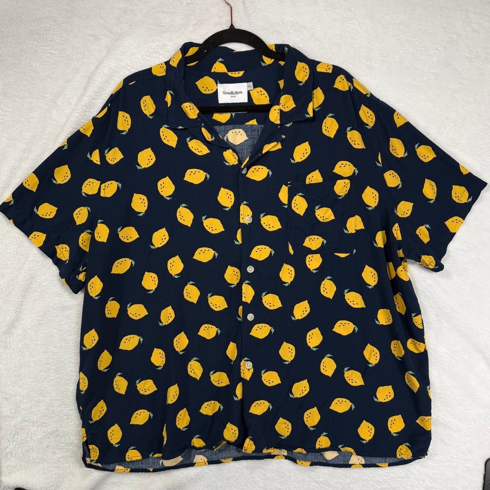 Goodfellow XXL Lemon Print Navy Blue Short Sleeve Button Down Camp Shirt Summer